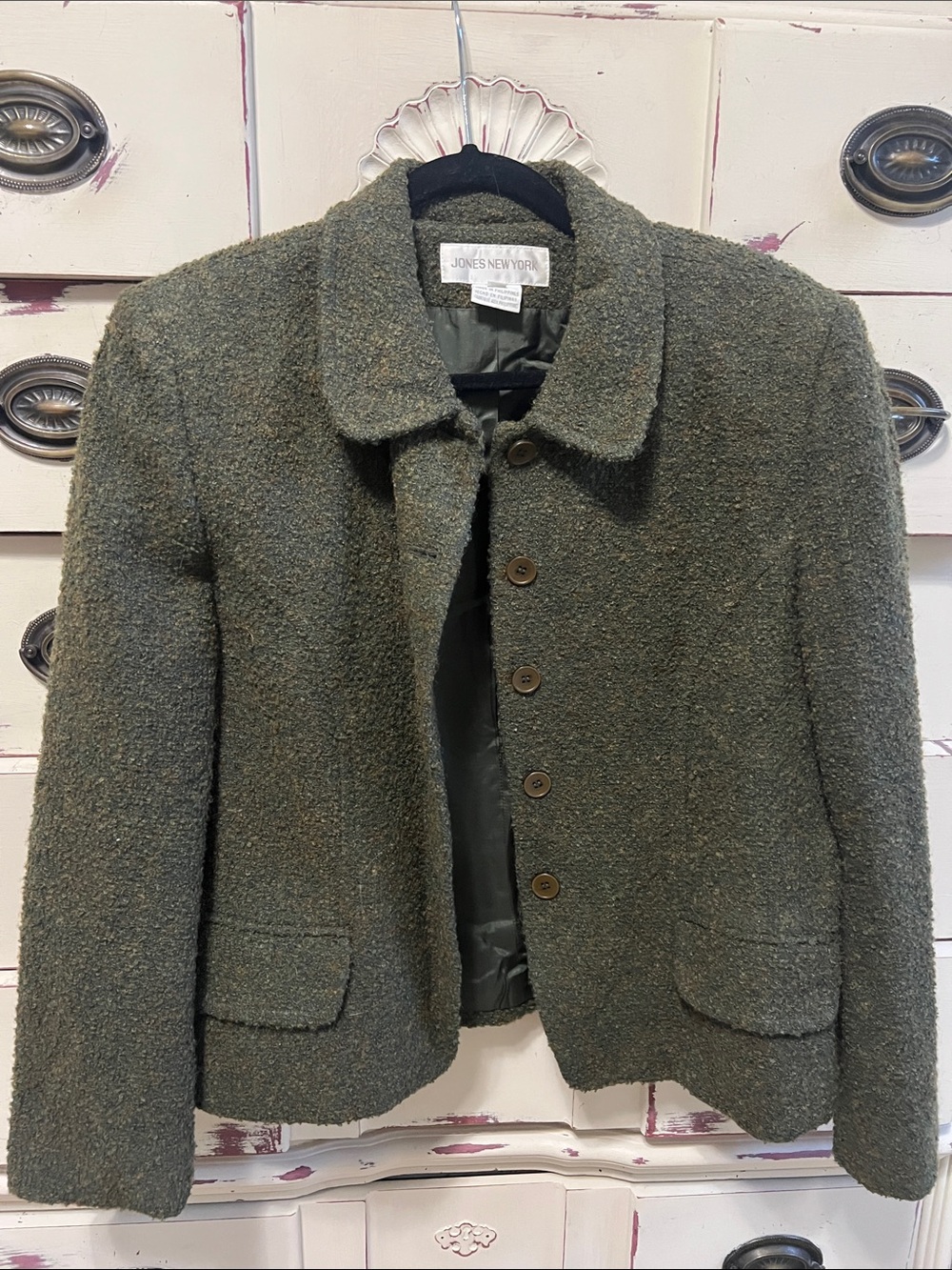 Jones New York Olive Green Bouclé Pea Coat